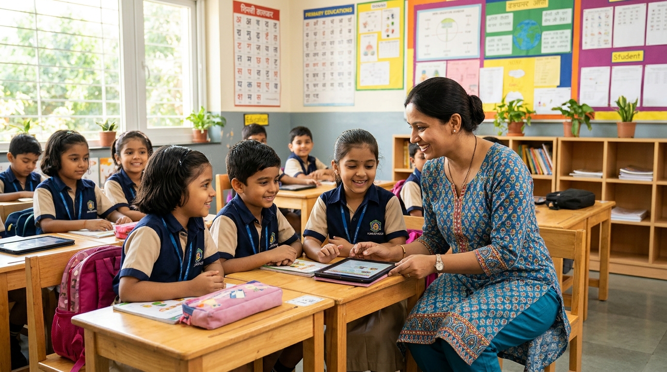 Teacher supporting students in a classroom